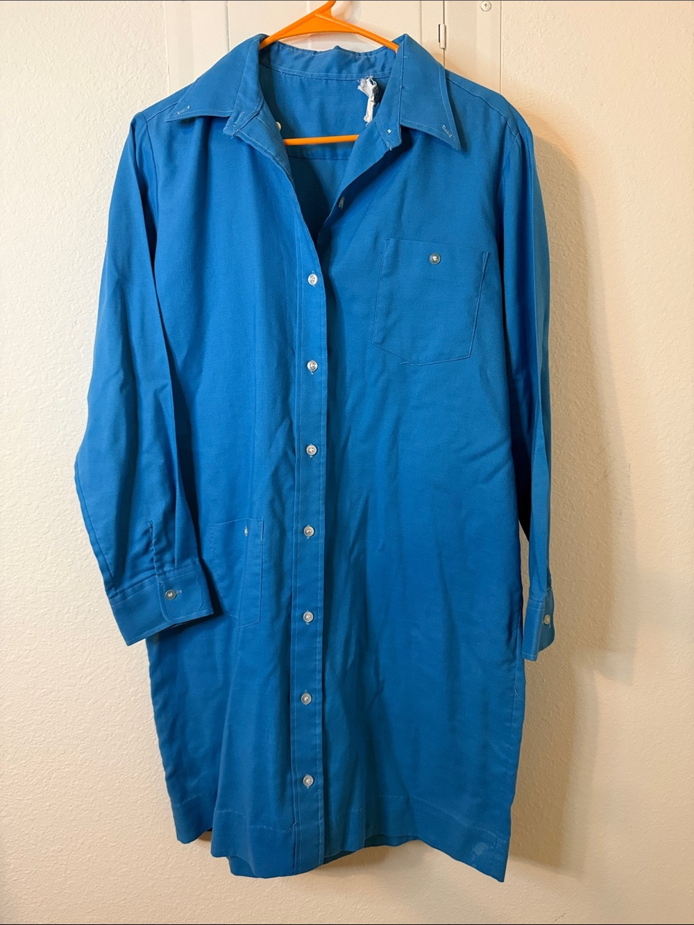 19690s Carol Brent Bright Blue Long Button-Up Shirt Dress